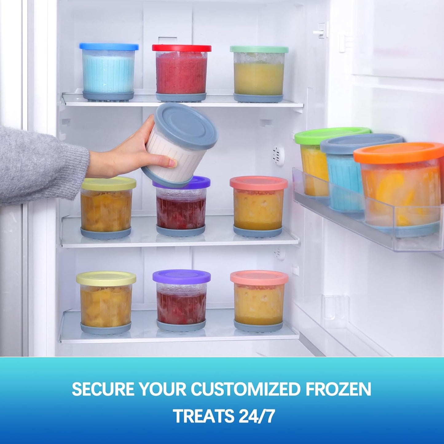 For Ninja Creami Pints and Lids-4 Pack, 16OZ Container Compatible with NC299AMZ & Nc300S Series Ice Cream Makers, Extra Cups Replacement for Ninja Creamy Containers Airtight Anti-Slip Dishwasher Safe