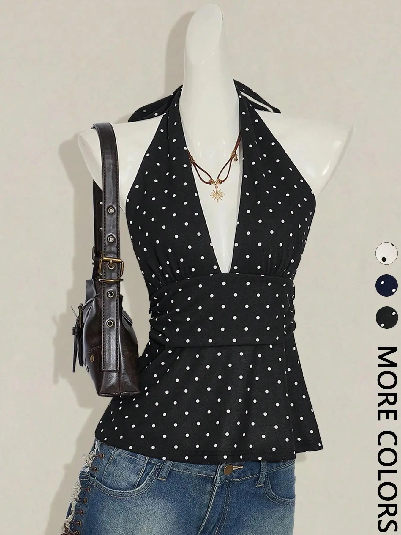 Women'S Polka Dot Print Halter Top, Deep V Neck, Tie Back Closure, Adjustable, Ruched Waist, Multiple Color Options, Soft Breathable Fabric, Daily Casual Vacation Date Night Wear, Womenswear & Halter Tops