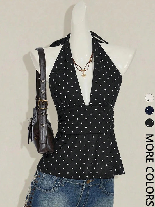 Women'S Polka Dot Print Halter Top, Deep V Neck, Tie Back Closure, Adjustable, Ruched Waist, Multiple Color Options, Soft Breathable Fabric, Daily Casual Vacation Date Night Wear, Womenswear & Halter Tops
