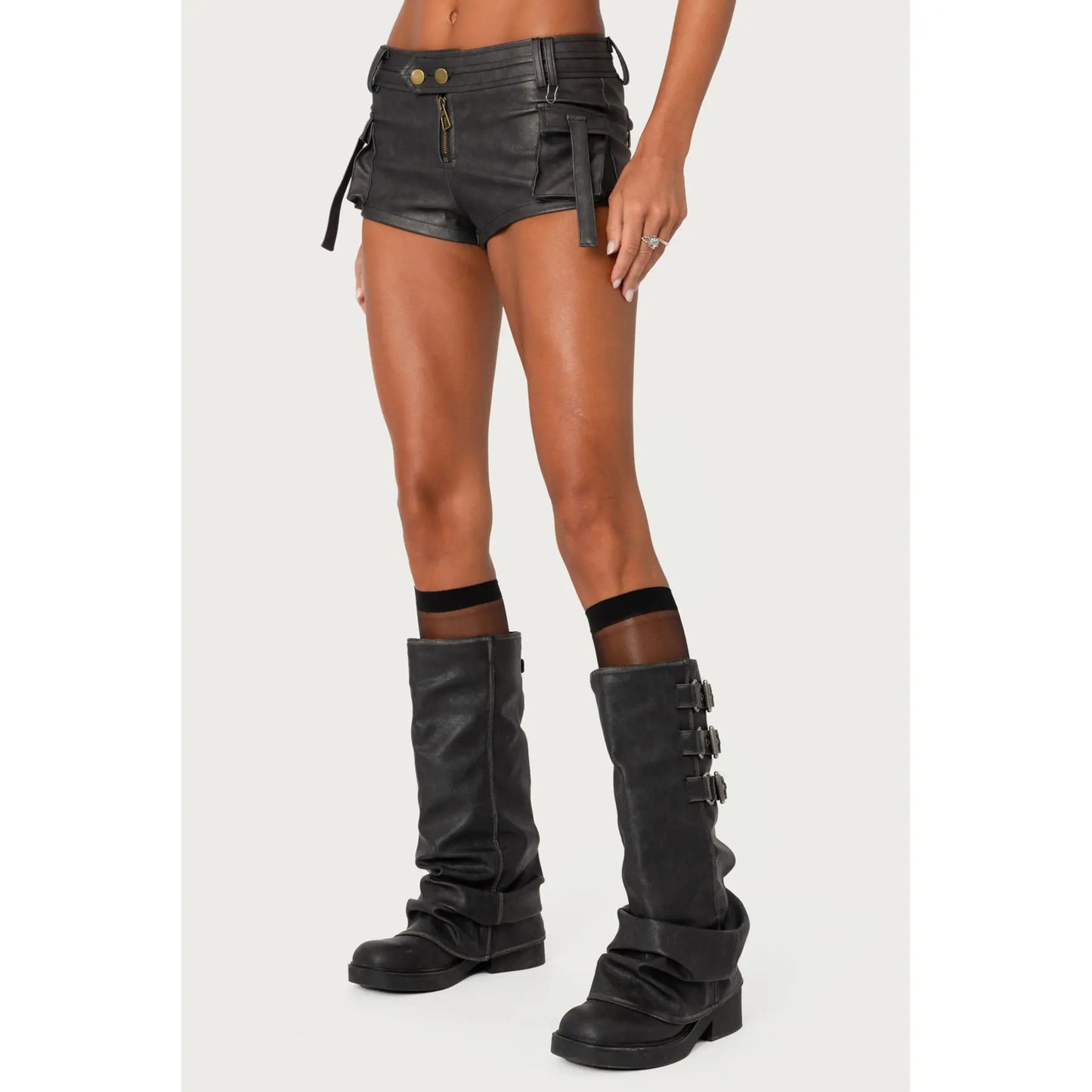 Washed Faux Leather Micro Cargo Shorts