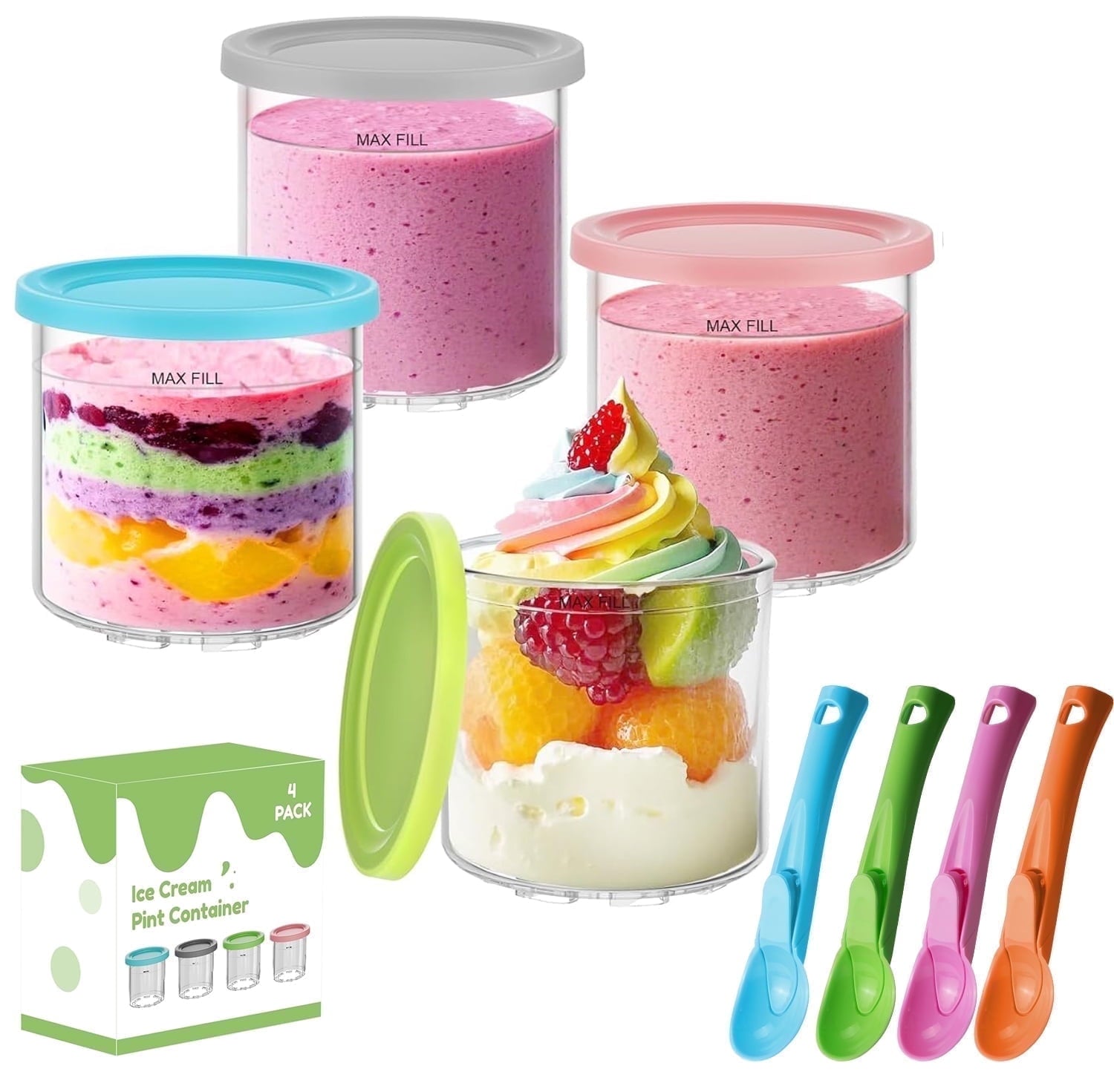 Ice Cream Pint Container 4-Pack , Replacement for Ninja Creami Pints and Lids,16Oz Cups Compatible with NC301 NC300 Series Ice Cream Makers, Dishwasher Safe with 4 Ice Cream Scoops