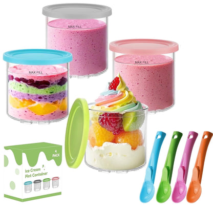 Ice Cream Pint Container 4-Pack , Replacement for Ninja Creami Pints and Lids,16Oz Cups Compatible with NC301 NC300 Series Ice Cream Makers, Dishwasher Safe with 4 Ice Cream Scoops