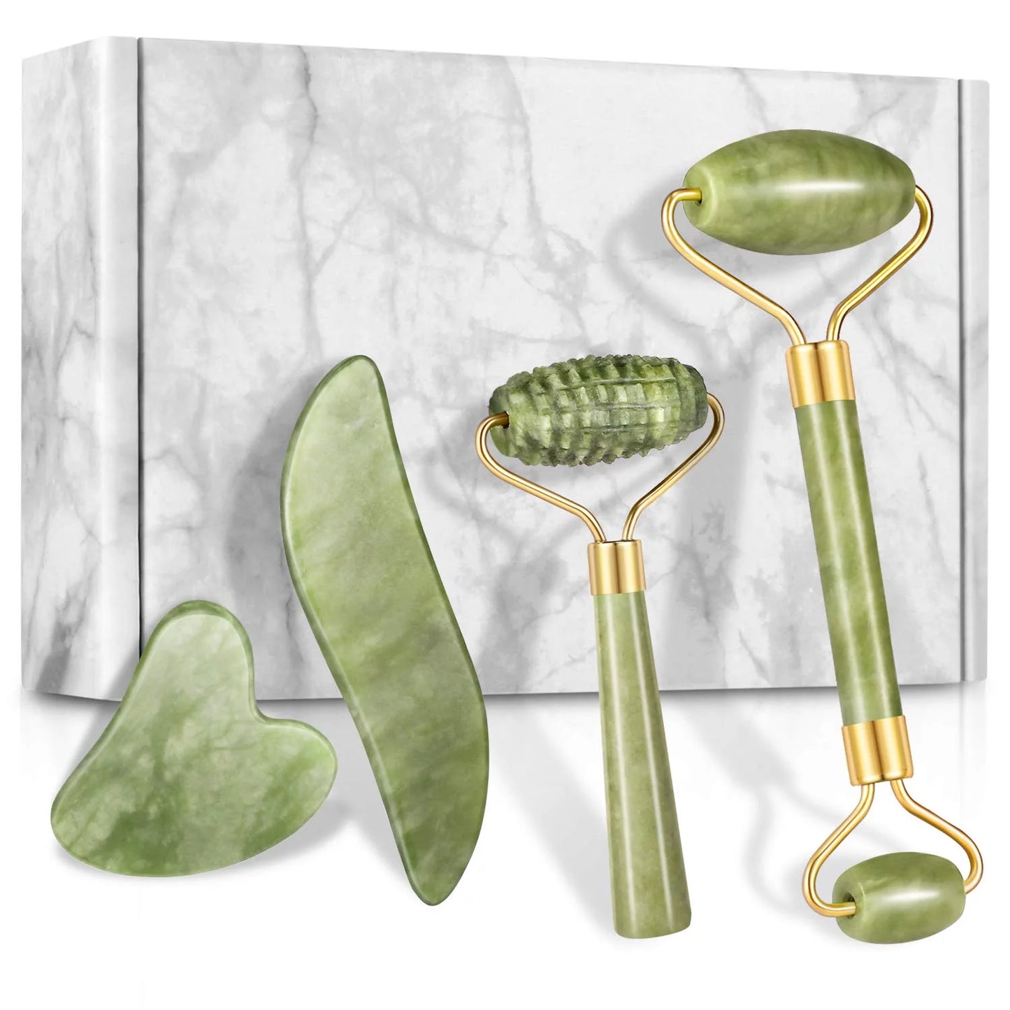 Charmonic 4Pcs/Set Jade Roller and Gua Sha Set Facial Massager Skincare Beauty Tools for Anti-Aging, Gentle Skin, Remove Wrinkles & Eye Puffiness