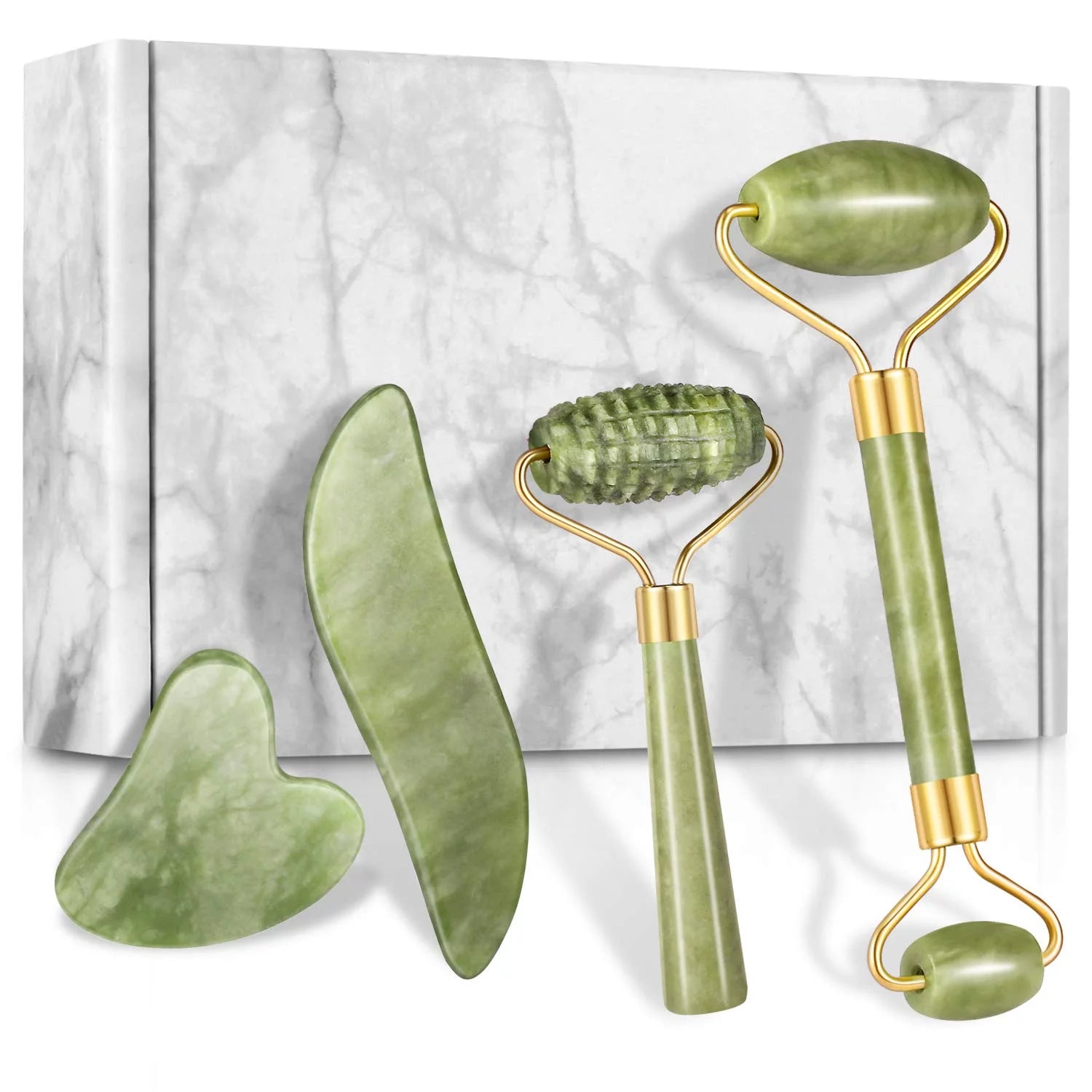 Charmonic 4Pcs/Set Jade Roller and Gua Sha Set Facial Massager Skincare Beauty Tools for Anti-Aging, Gentle Skin, Remove Wrinkles & Eye Puffiness
