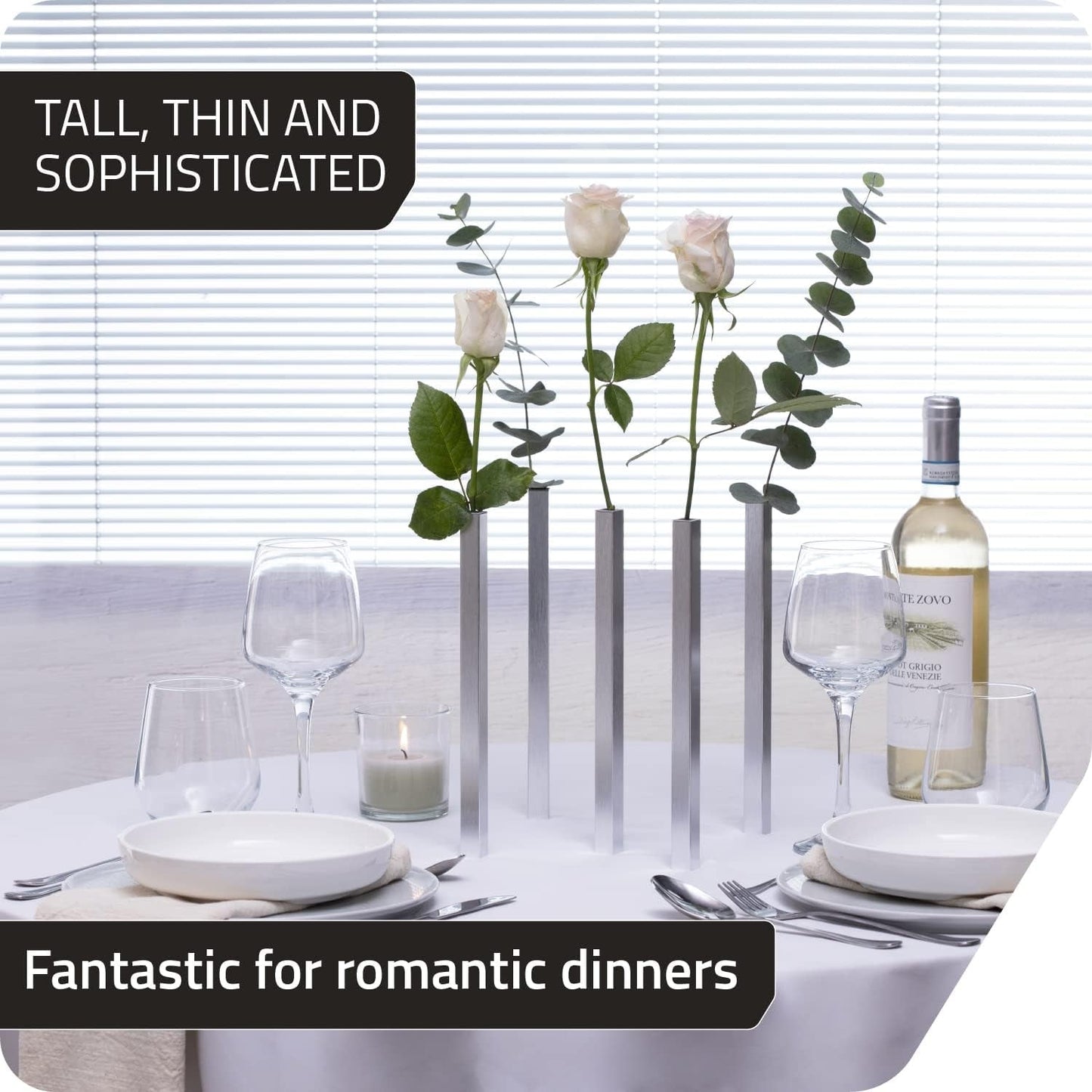 Magnetic Bud Vase Set (Silver) - Unique Home Decor Gift & Modern Table Centerpiece - 5 Aluminum Single Stem Vases - 9.4" Tall Gravity Defying Decor