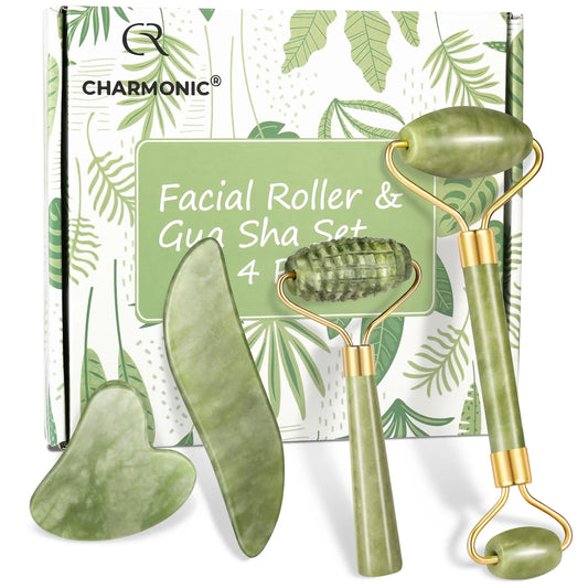 Charmonic 4Pcs/Set Jade Roller and Gua Sha Set Facial Massager Skincare Beauty Tools for Anti-Aging, Gentle Skin, Remove Wrinkles & Eye Puffiness