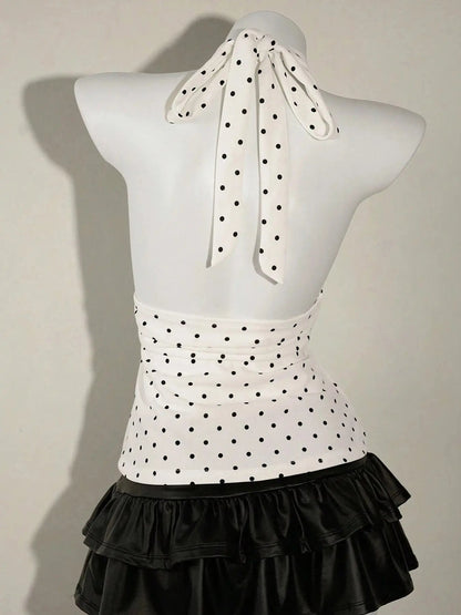 Women'S Polka Dot Print Halter Top, Deep V Neck, Tie Back Closure, Adjustable, Ruched Waist, Multiple Color Options, Soft Breathable Fabric, Daily Casual Vacation Date Night Wear, Womenswear & Halter Tops