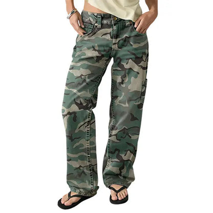 Flamingals Stretchy Camo Print Mid Rise Straight Leg Pants