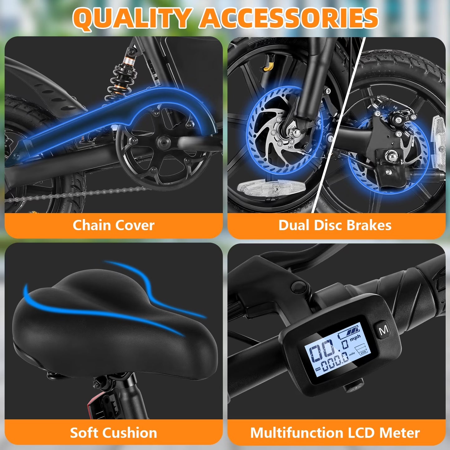 Elifine 350W Foldable Electric Bike for Adults, 14" Small E-Bike, LCD, Full Suspension, 48V 7.8Ah Electric Cycle for Adult UL 2849