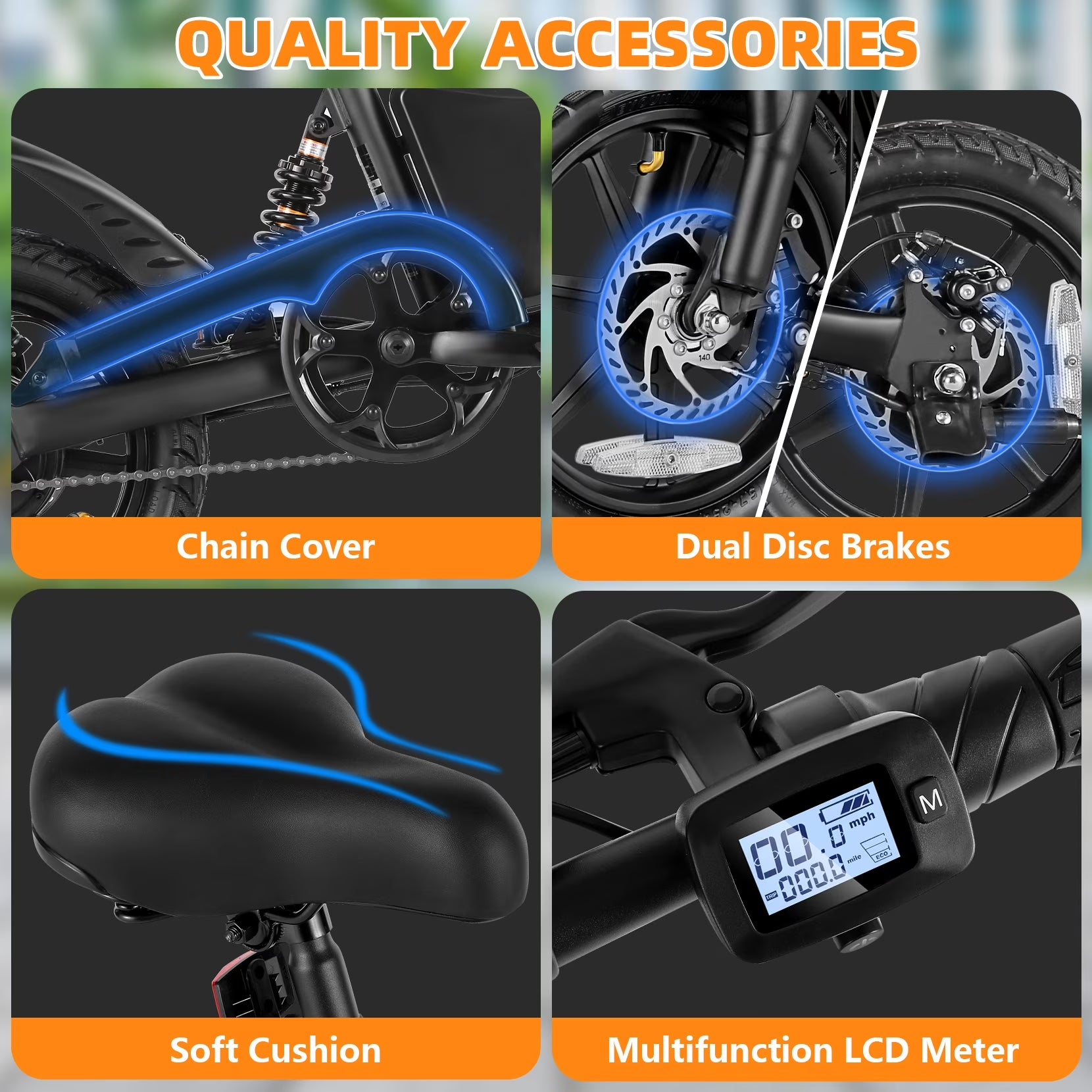 Elifine 350W Foldable Electric Bike for Adults, 14" Small E-Bike, LCD, Full Suspension, 48V 7.8Ah Electric Cycle for Adult UL 2849