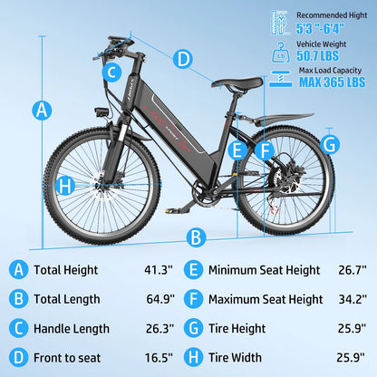Postjoy F26 Electric Bike, 1200W Peak Motor,26" Tire 55 Miles 25MPH Electric Mountain Bike, 512Wh Battery Electric Bicycle for Adults 7 Speed, UL2849