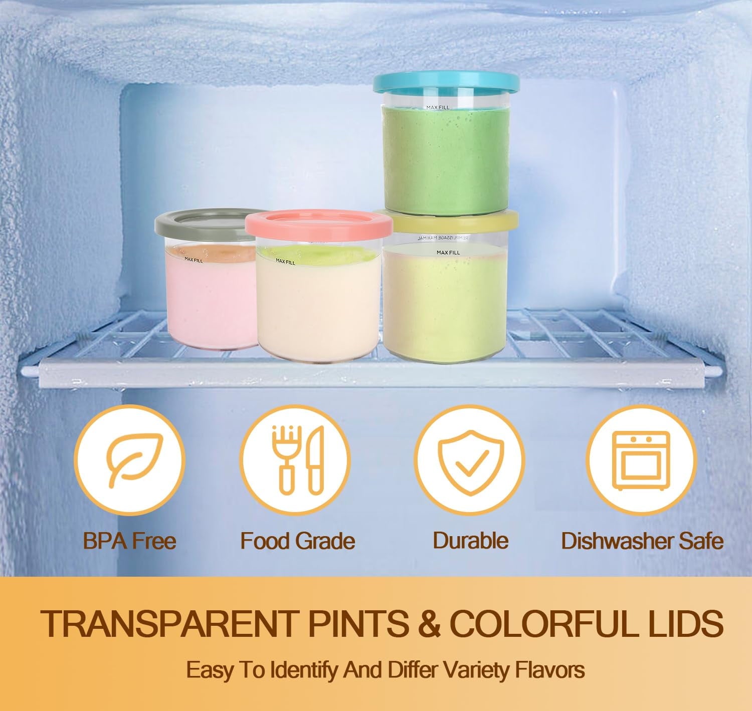 Ice Cream Pint Container 4-Pack , Replacement for Ninja Creami Pints and Lids,16Oz Cups Compatible with NC301 NC300 Series Ice Cream Makers, Dishwasher Safe with 4 Ice Cream Scoops