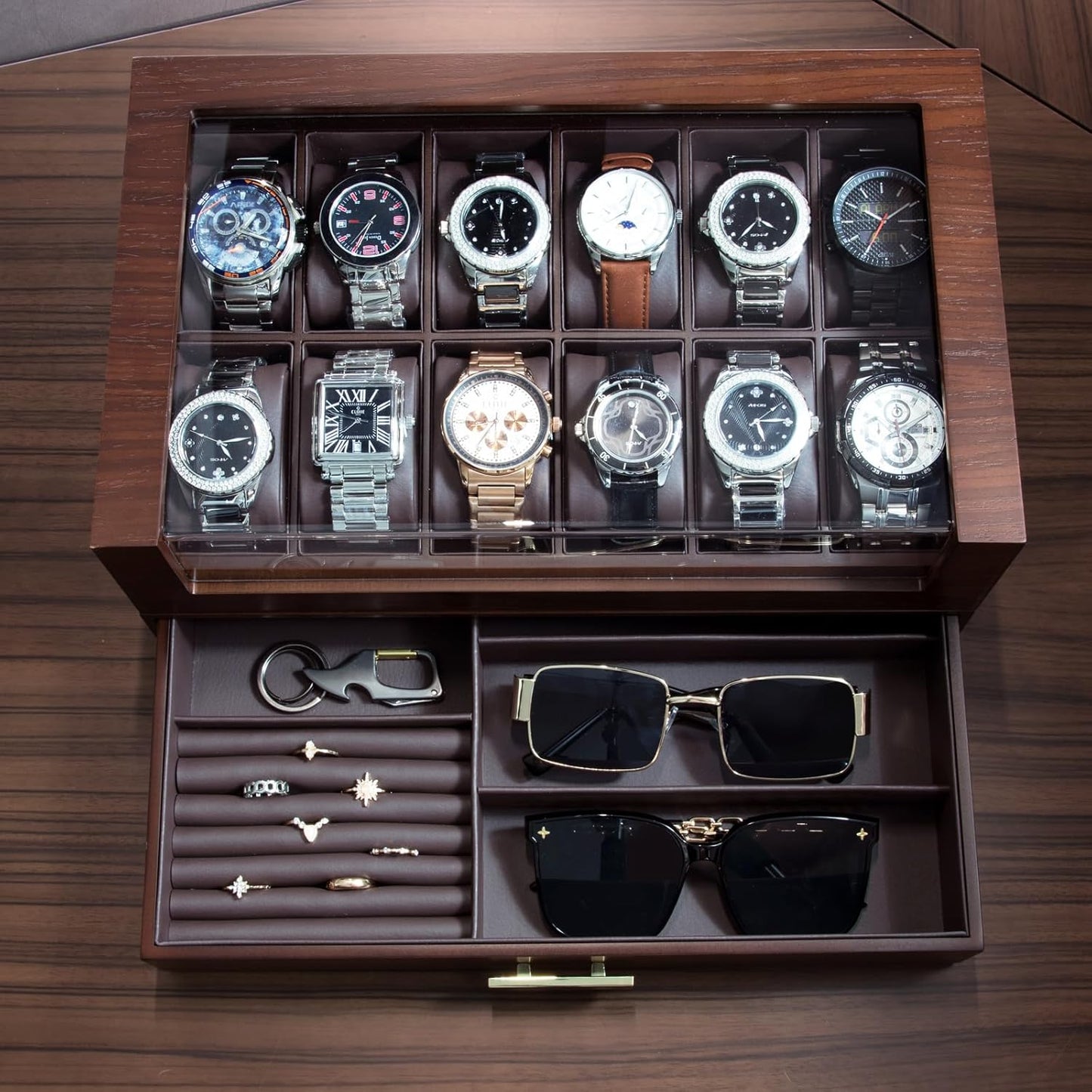 High End Watch Box for Men, 12 Slot Wooden Watch Case with Drawer, Watch Display