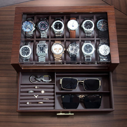 High End Watch Box for Men, 12 Slot Wooden Watch Case with Drawer, Watch Display