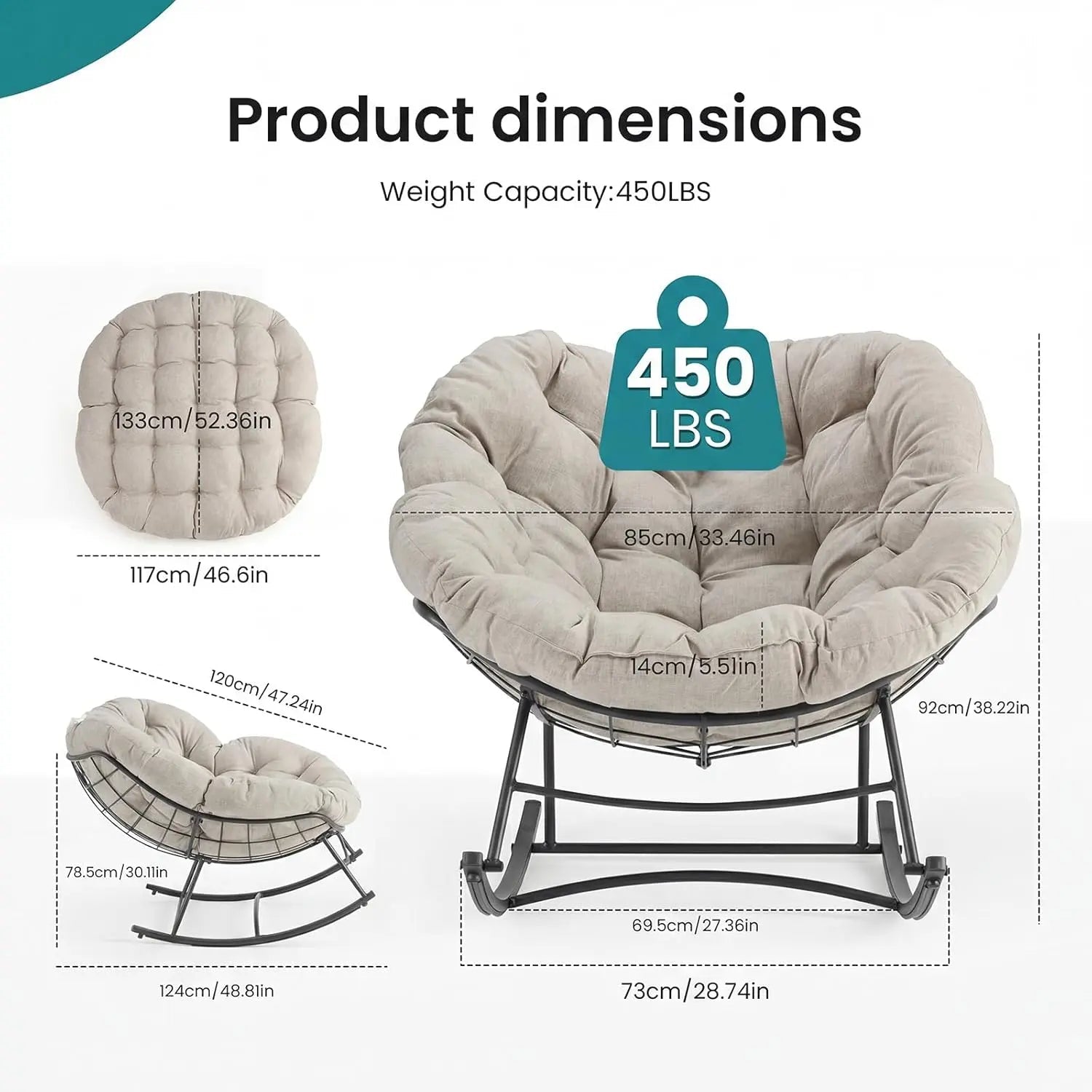Outdoor Rocking Chair 450Lbs Capacity – 5.5" Thick Water-Repellent Uv-Resistant Cushion, Heavy Duty Egg Rocker with Ergonomic Back, for Patio, Garden, Living Room (Beige/Grey/Black)