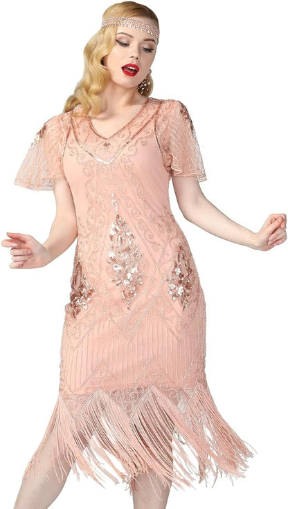 Kayamiya Women'S Flapper Dresses 1920S Sequins Art Deco Gatsby Cocktail Dress with Sleeve