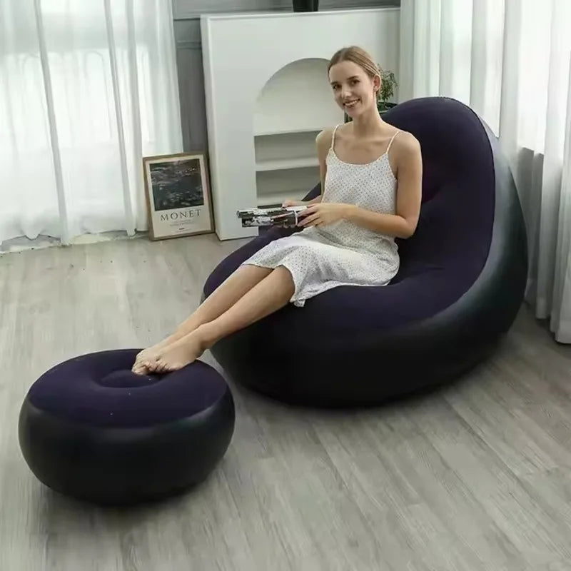 Blow up Couch Inflatable Chair with Footstool Portable Lazy Sofa Lounger Comfy Flocked Surface Portable Chaise Soft Comfortable