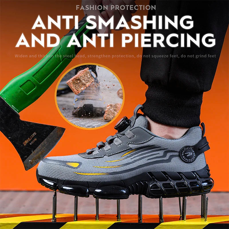 Rotary Button Work Shoes Anti-Slip Safety Shoes Men Steel Toe Sneaker Puncture Proof Work Boots Man Sport Shoes Indestructible