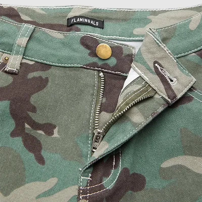 Flamingals Stretchy Camo Print Mid Rise Straight Leg Pants