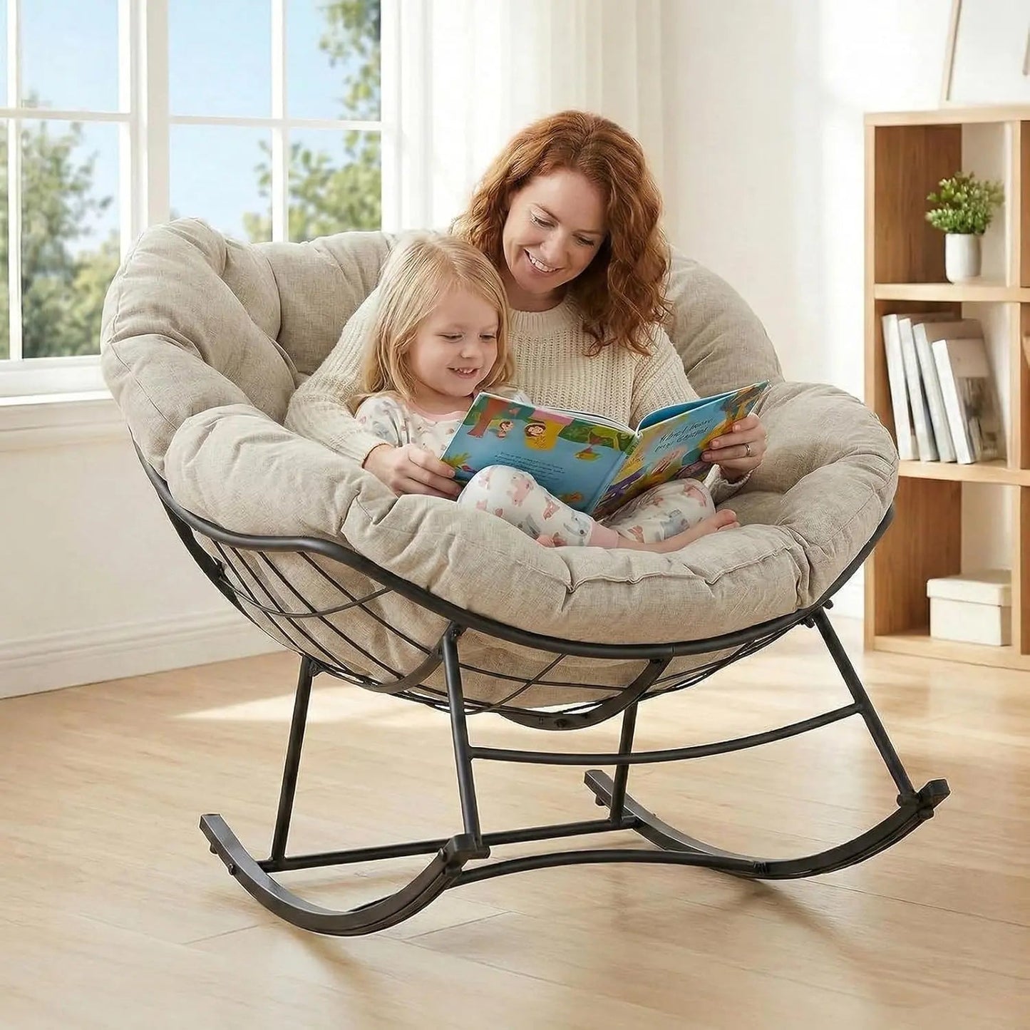 Outdoor Rocking Chair 450Lbs Capacity – 5.5" Thick Water-Repellent Uv-Resistant Cushion, Heavy Duty Egg Rocker with Ergonomic Back, for Patio, Garden, Living Room (Beige/Grey/Black)
