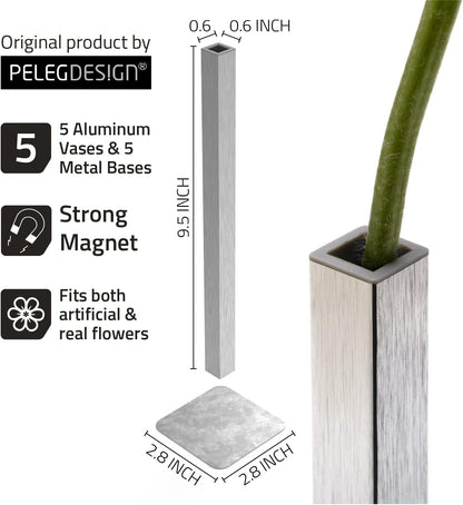 Magnetic Bud Vase Set (Silver) - Unique Home Decor Gift & Modern Table Centerpiece - 5 Aluminum Single Stem Vases - 9.4" Tall Gravity Defying Decor