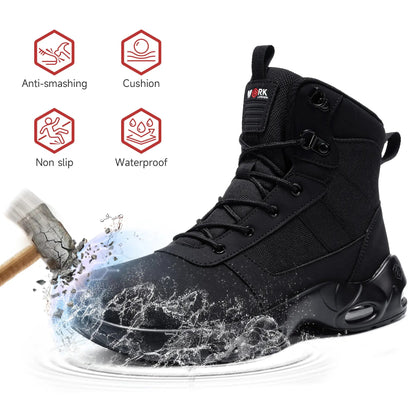 LARNMERN Men'S Steel Toe Work Boots with Side Zipper, Slip Resistant Water Resistant Safety Boots, Comfortable Cushioned High Top Work Shoes