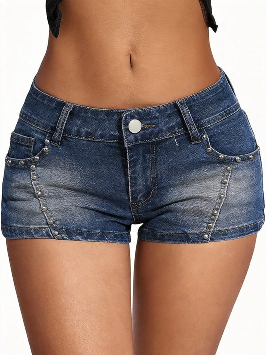 Vintage Wash Low Waist Tight Fit Elastic Denim Solid Super Short Pants, Stylish Casual Wear for Women, Perfect for Everyday
