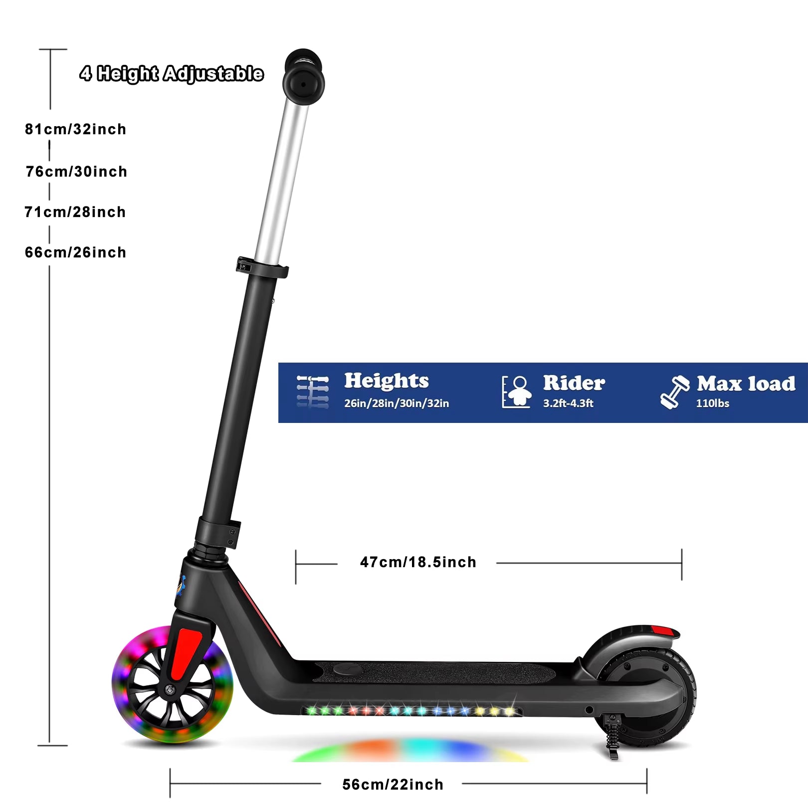 CAROMA Electric Scooter for Kids Ages 6-14,120W Motor,Colorful Light,Adjustable Height&Speed,Foldable Scooter,Ul 1 Year Warranty
