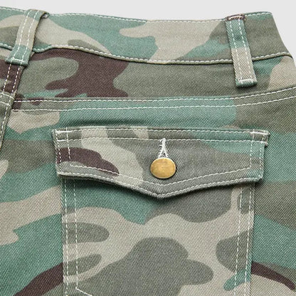 Flamingals Stretchy Camo Print Mid Rise Straight Leg Pants
