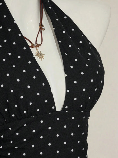 Women'S Polka Dot Print Halter Top, Deep V Neck, Tie Back Closure, Adjustable, Ruched Waist, Multiple Color Options, Soft Breathable Fabric, Daily Casual Vacation Date Night Wear, Womenswear & Halter Tops