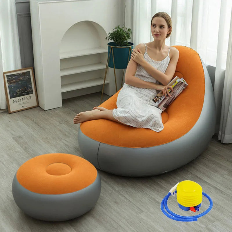 Blow up Couch Inflatable Chair with Footstool Portable Lazy Sofa Lounger Comfy Flocked Surface Portable Chaise Soft Comfortable