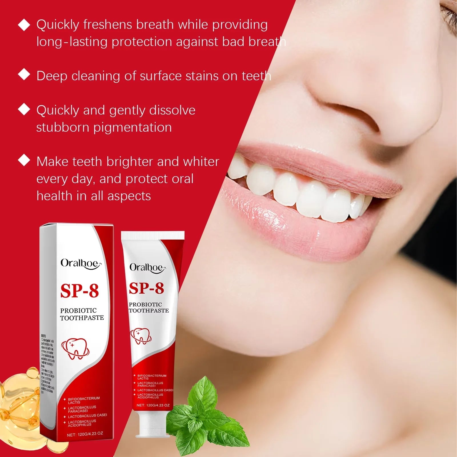 Sp-8 Probiotic Toothpaste Brightening Mint Fresh Breath Deep Cleaning Remove Plaque Stains Oral Hygiene Teeth Whiten Toothpaste