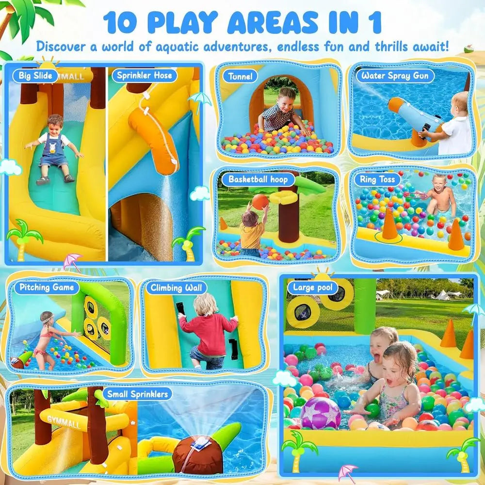 Iatable Water Slide Bounce House with 450 W Blower, Blow up 10-In-1 Waterslide Park Bouncy Castle Outdoor and Indoor, Bouncer Ho