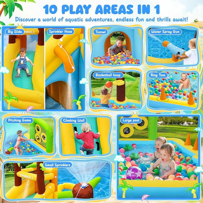 Iatable Water Slide Bounce House with 450 W Blower, Blow up 10-In-1 Waterslide Park Bouncy Castle Outdoor and Indoor, Bouncer Ho