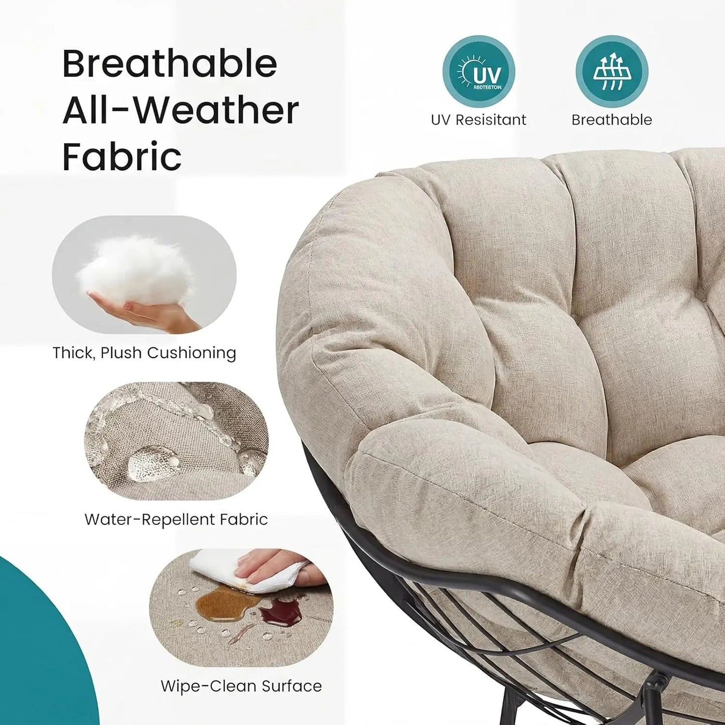 Outdoor Rocking Chair 450Lbs Capacity – 5.5" Thick Water-Repellent Uv-Resistant Cushion, Heavy Duty Egg Rocker with Ergonomic Back, for Patio, Garden, Living Room (Beige/Grey/Black)