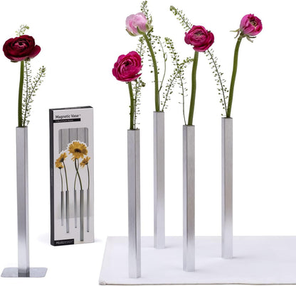 Magnetic Bud Vase Set (Silver) - Unique Home Decor Gift & Modern Table Centerpiece - 5 Aluminum Single Stem Vases - 9.4" Tall Gravity Defying Decor