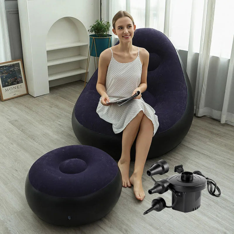 Blow up Couch Inflatable Chair with Footstool Portable Lazy Sofa Lounger Comfy Flocked Surface Portable Chaise Soft Comfortable