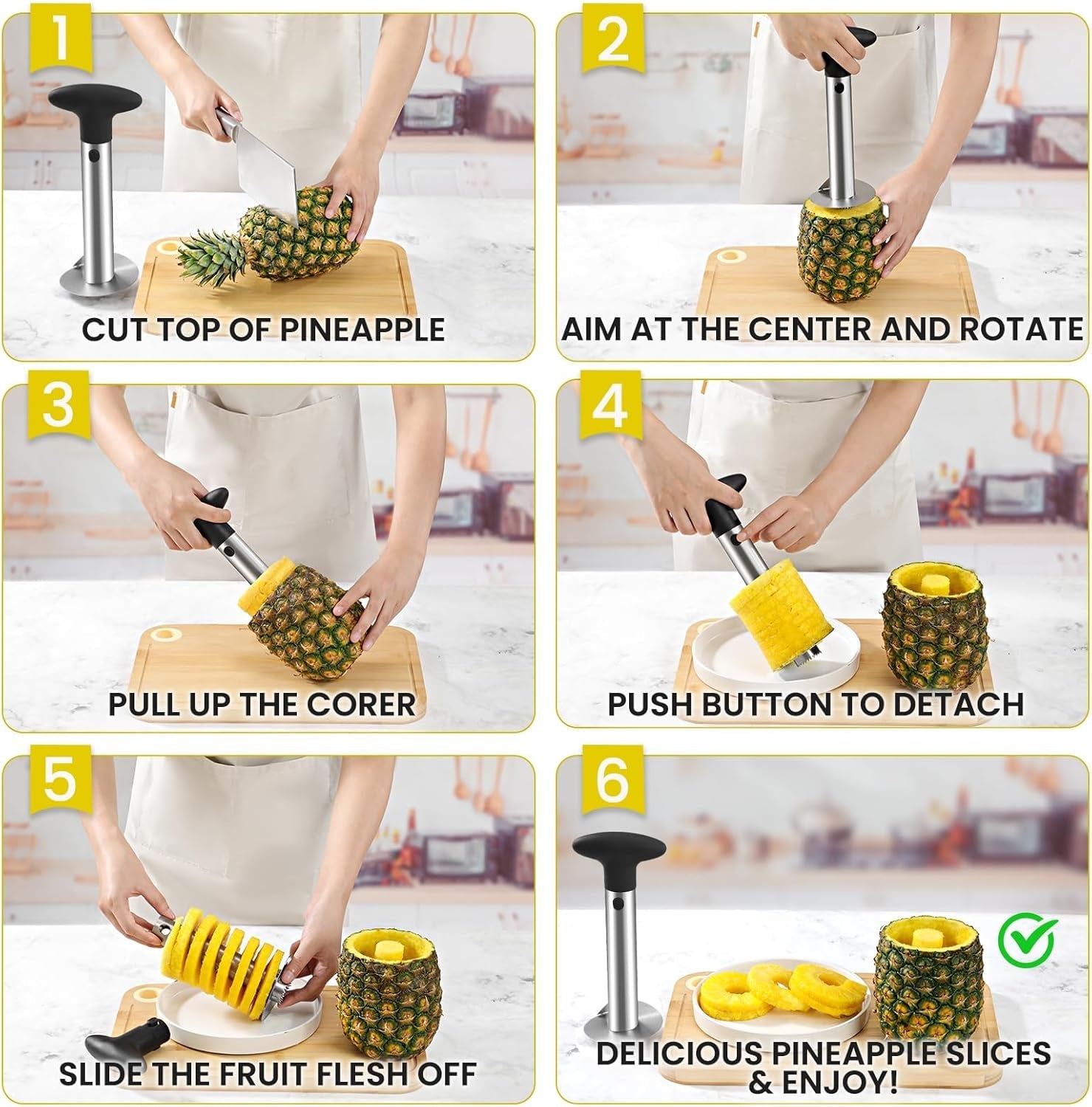 Premium Pineapple Corer and Slicer Tool - Sharp Pineapple Cutter with Serrated Tips - Easy to Use and Clean - Stainless Steel Core Remover for Pineapple - Core Fruits with Ease(Black)