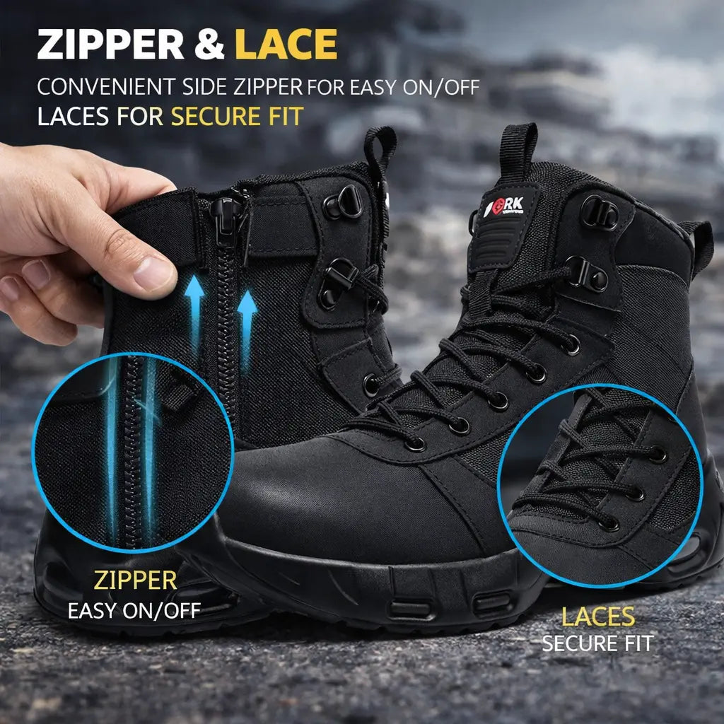 LARNMERN Men'S Steel Toe Work Boots with Side Zipper, Slip Resistant Water Resistant Safety Boots, Comfortable Cushioned High Top Work Shoes