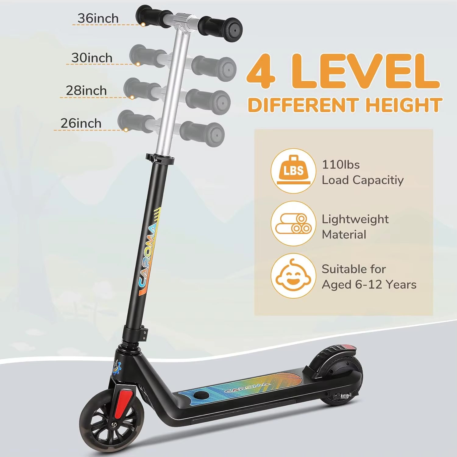 CAROMA Electric Scooter for Kids Ages 6-14,120W Motor,Colorful Light,Adjustable Height&Speed,Foldable Scooter,Ul 1 Year Warranty