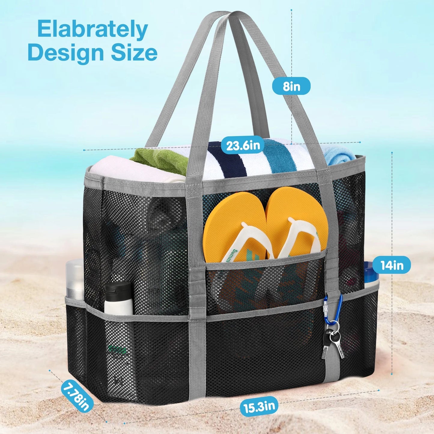 Livhil Mesh Beach Bag Rope Handles, Mesh Tote Bag for Women Contains Wicker Oversized Beach Tote Bag with 9 Small Pockets