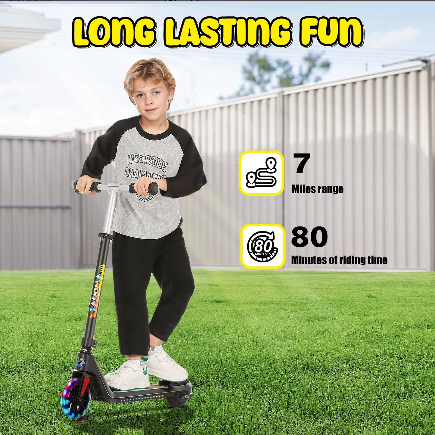 CAROMA Electric Scooter for Kids Ages 6-14,120W Motor,Colorful Light,Adjustable Height&Speed,Foldable Scooter,Ul 1 Year Warranty