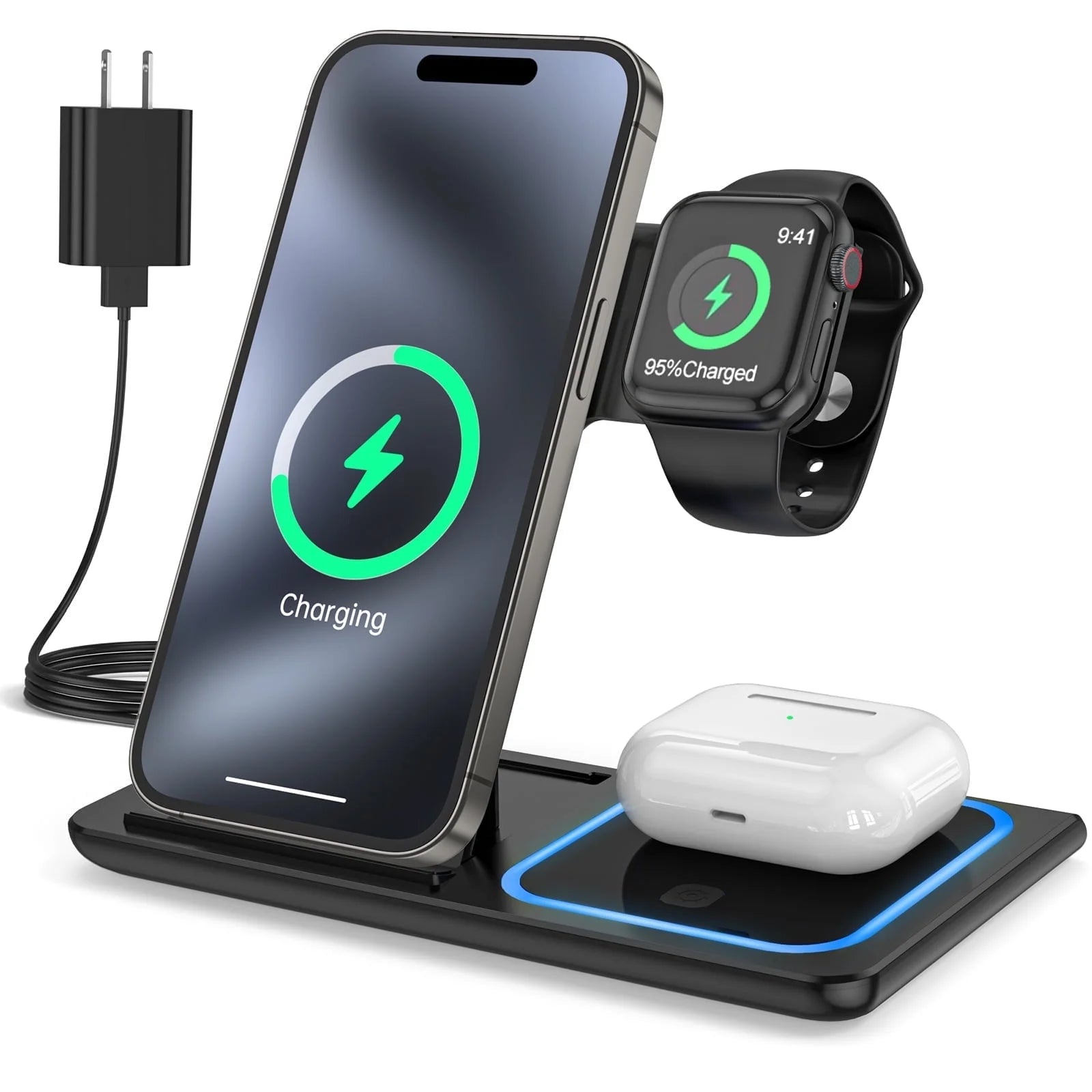 Wireless Charging Station, 2025 Upgraded 18W 3 in 1 Wireless Charger Stand for Iphone 16/15/14/13/12/11 Pro/Xs, Airpods 4/3/2/1/Pro, Iwatch Series 10/9/8/7/6/5/4/3,Samsung Phones(Green)