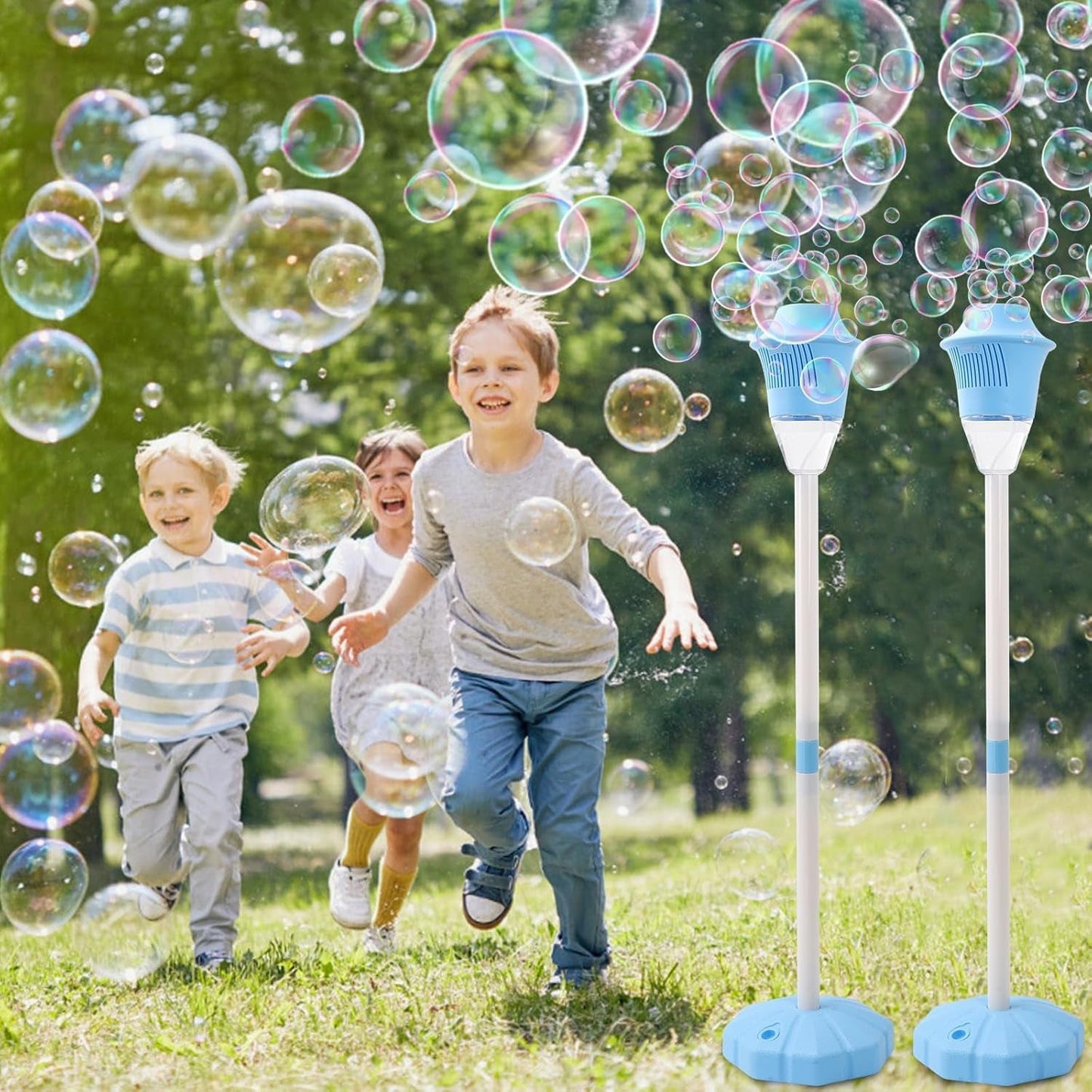 2-Piece Automatic Rechargeable Bubble Stand Machine, 47-Inch Height Outdoor Bubble Maker with Lights for Kids and Parties