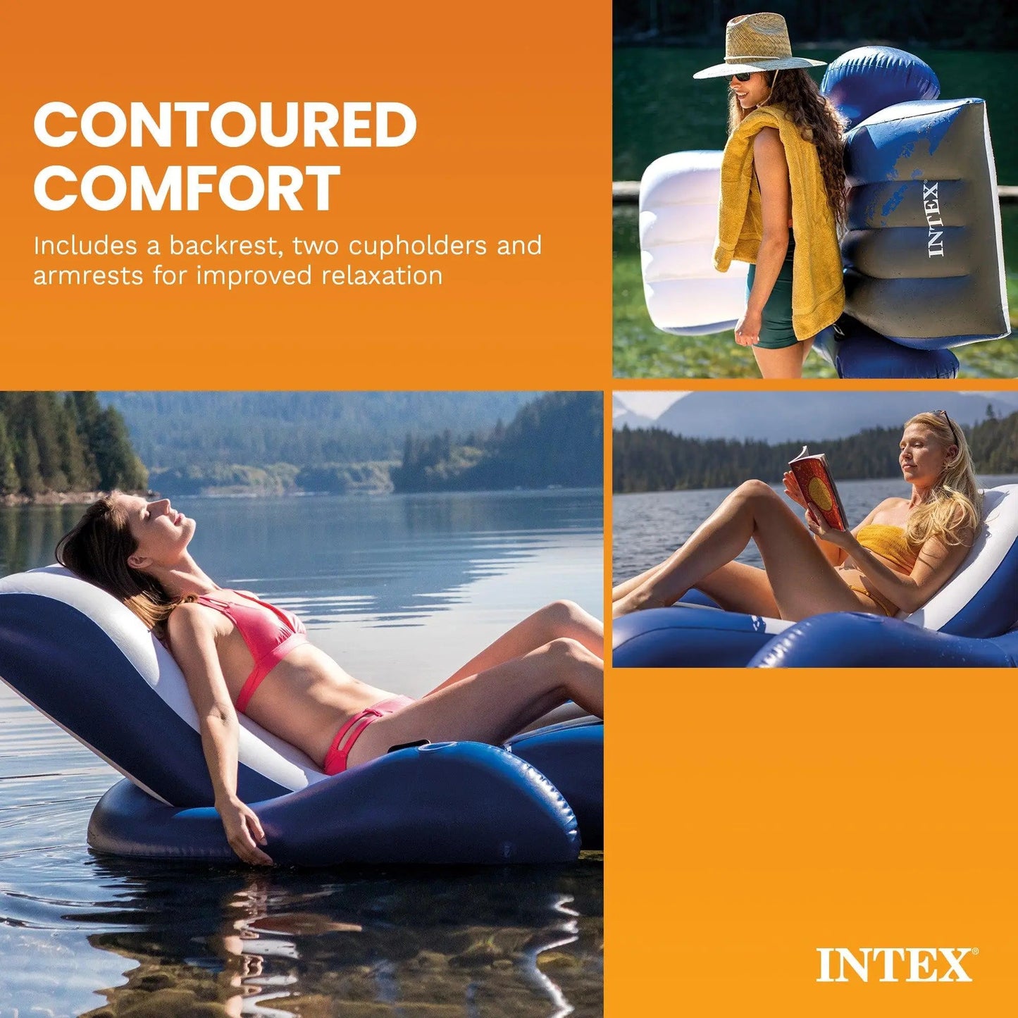 Intex Floating Recliner Inflatable Lake Lounge, Pool Float Chair W/ Cup Holders