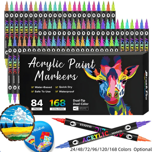 Dual-Tip Dual-Color Acrylic Marker Pens, 24/48/72/168 Colors, Waterproof, Non-Toxic, Ideal for Art, DIY, Ceramics, Glass, Canvas