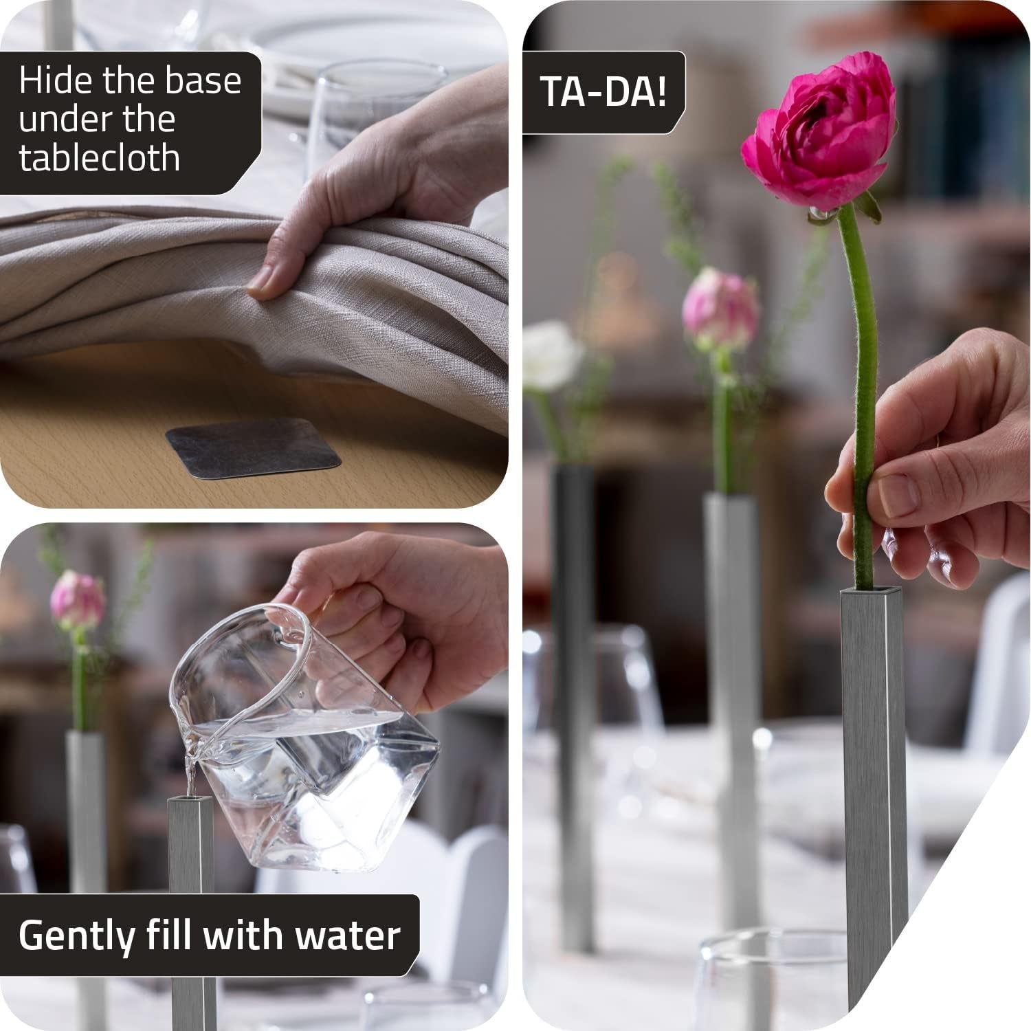 Magnetic Bud Vase Set (Silver) - Unique Home Decor Gift & Modern Table Centerpiece - 5 Aluminum Single Stem Vases - 9.4" Tall Gravity Defying Decor