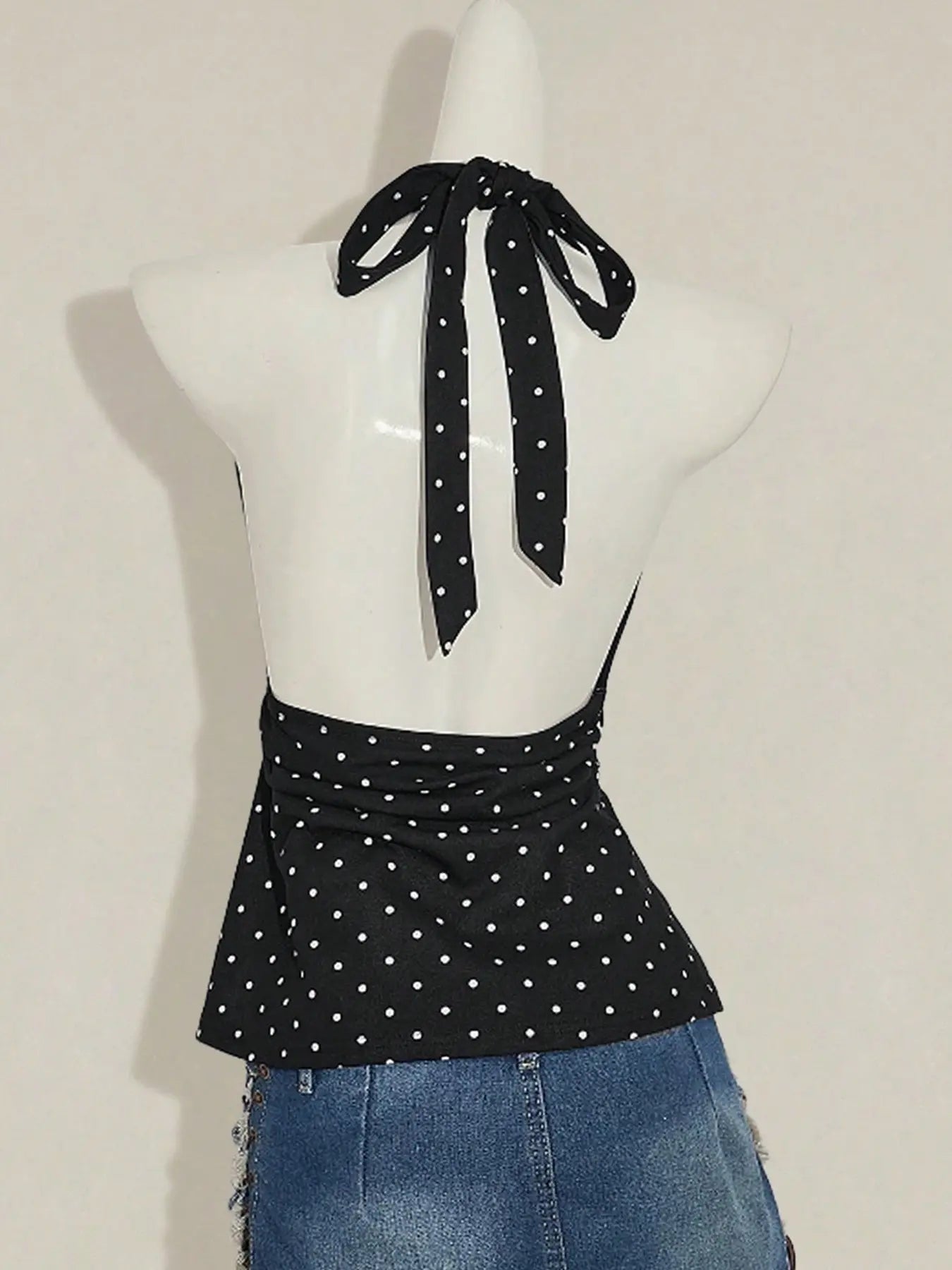 Women'S Polka Dot Print Halter Top, Deep V Neck, Tie Back Closure, Adjustable, Ruched Waist, Multiple Color Options, Soft Breathable Fabric, Daily Casual Vacation Date Night Wear, Womenswear & Halter Tops