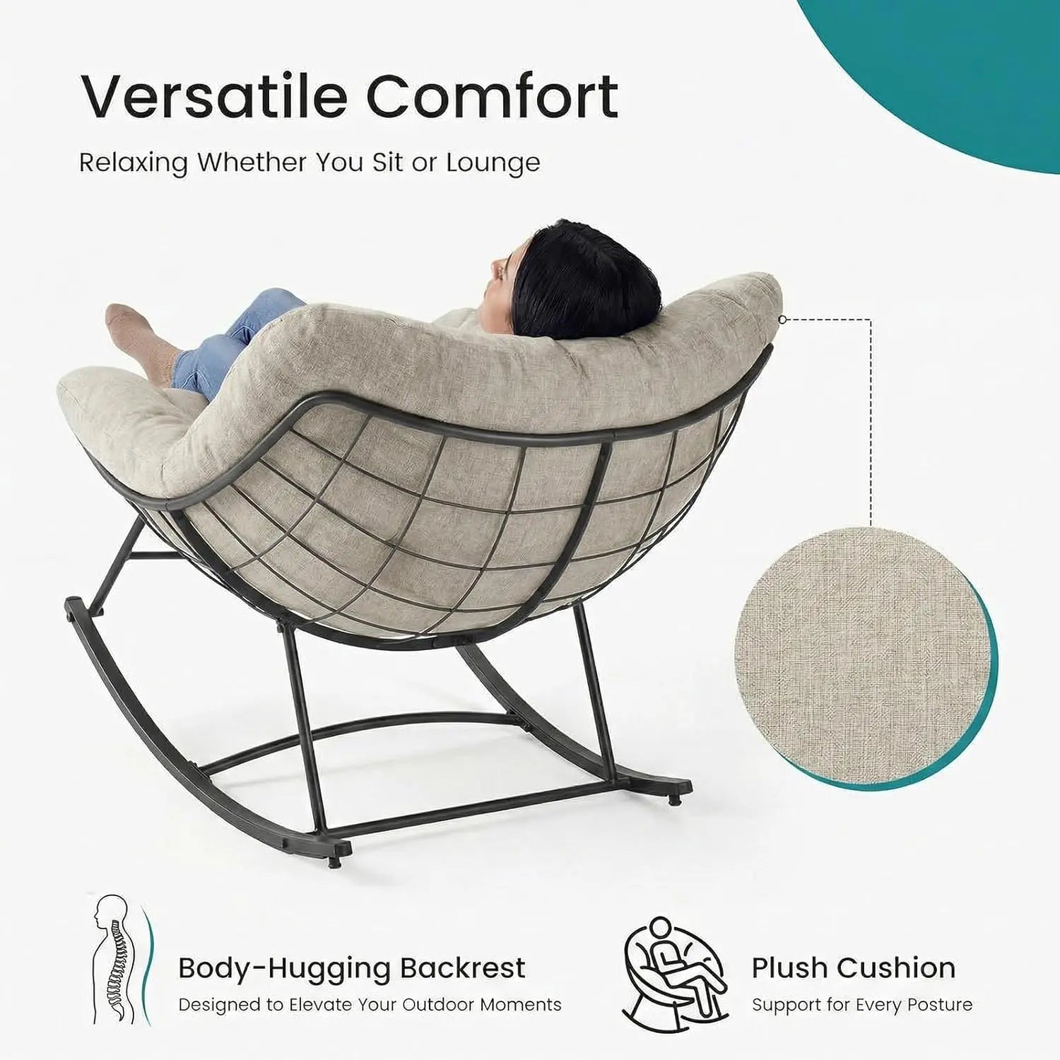 Outdoor Rocking Chair 450Lbs Capacity – 5.5" Thick Water-Repellent Uv-Resistant Cushion, Heavy Duty Egg Rocker with Ergonomic Back, for Patio, Garden, Living Room (Beige/Grey/Black)