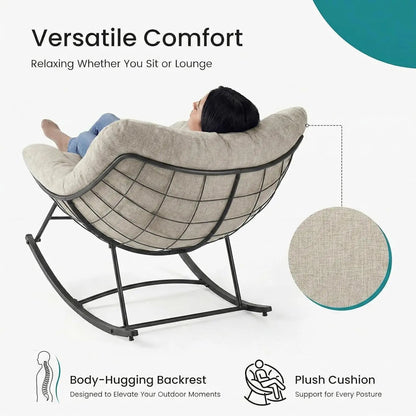Outdoor Rocking Chair 450Lbs Capacity – 5.5" Thick Water-Repellent Uv-Resistant Cushion, Heavy Duty Egg Rocker with Ergonomic Back, for Patio, Garden, Living Room (Beige/Grey/Black)